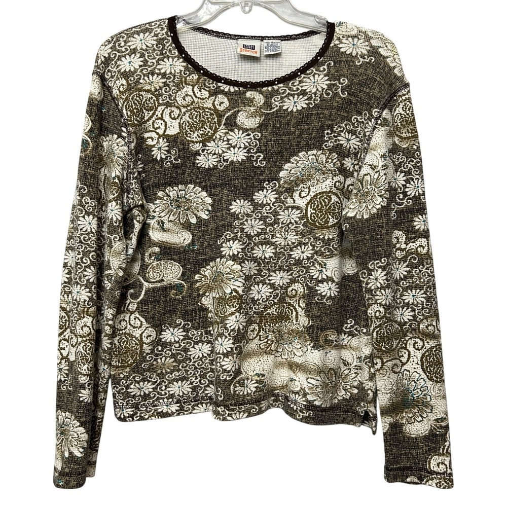 Faded Glory Womens M Thermal Top Brown Floral Y2K Waffle Knit Whimsigoth FG06222